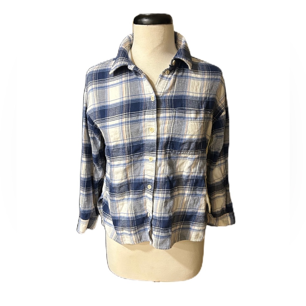 Madewell Flannel Shirt Women XXS Blue White Check Pocket Cotton Soft Boxy Coast